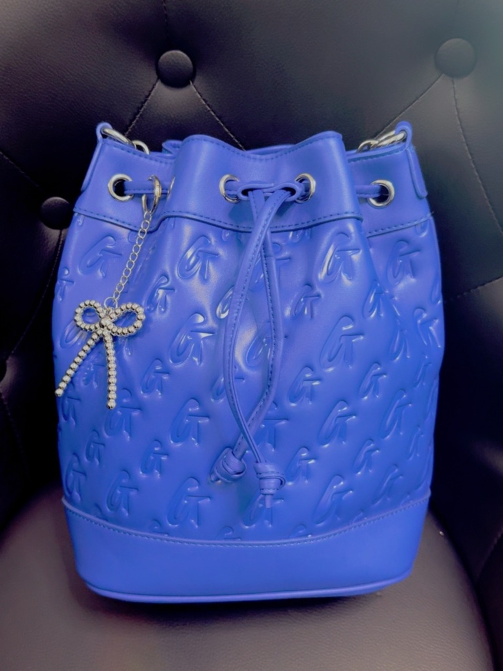 Embossed Royal Blue Drawstring Bucket Shoulder Bag